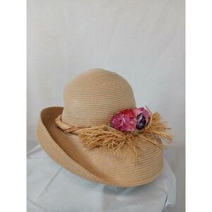Kathy Jeanne Womens Straw Sun Hat Tan Wide Brim Floral Raffia Accent Made in USA